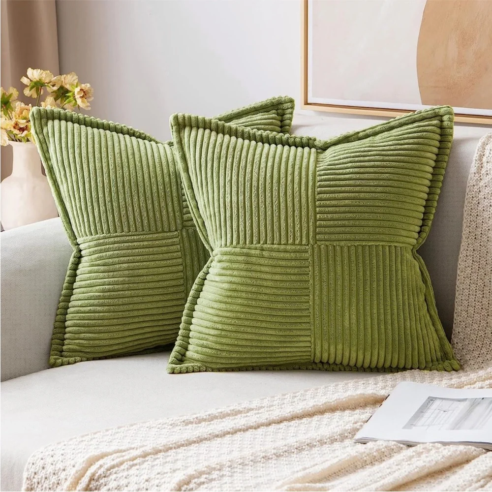 Olive Green Striped Texture Corduroy Decorative Farmhouse Luxury Soft PillowCase